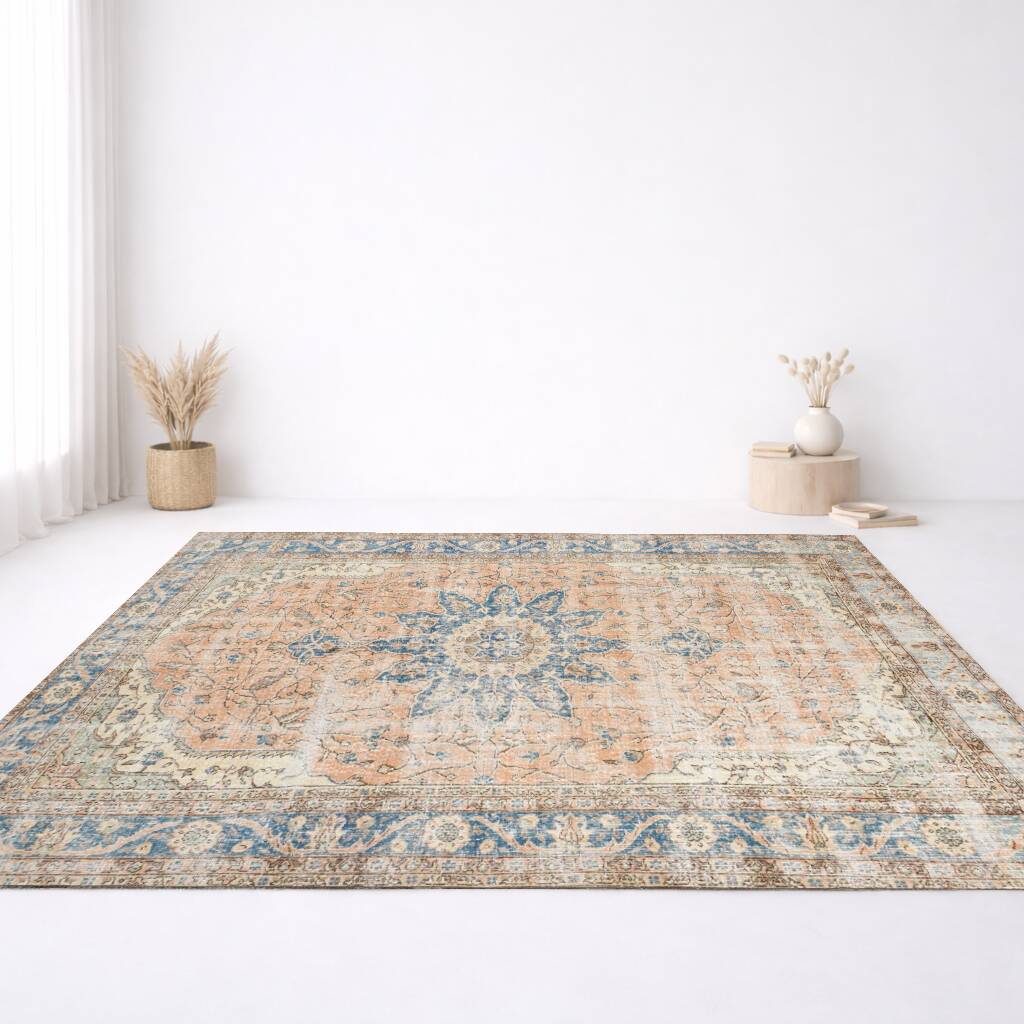 7x10 Turkish Blue & Peach Handmade Persian Rug, 220x304Cm