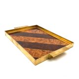 Brass and inlaid woods tray, italy 1970s