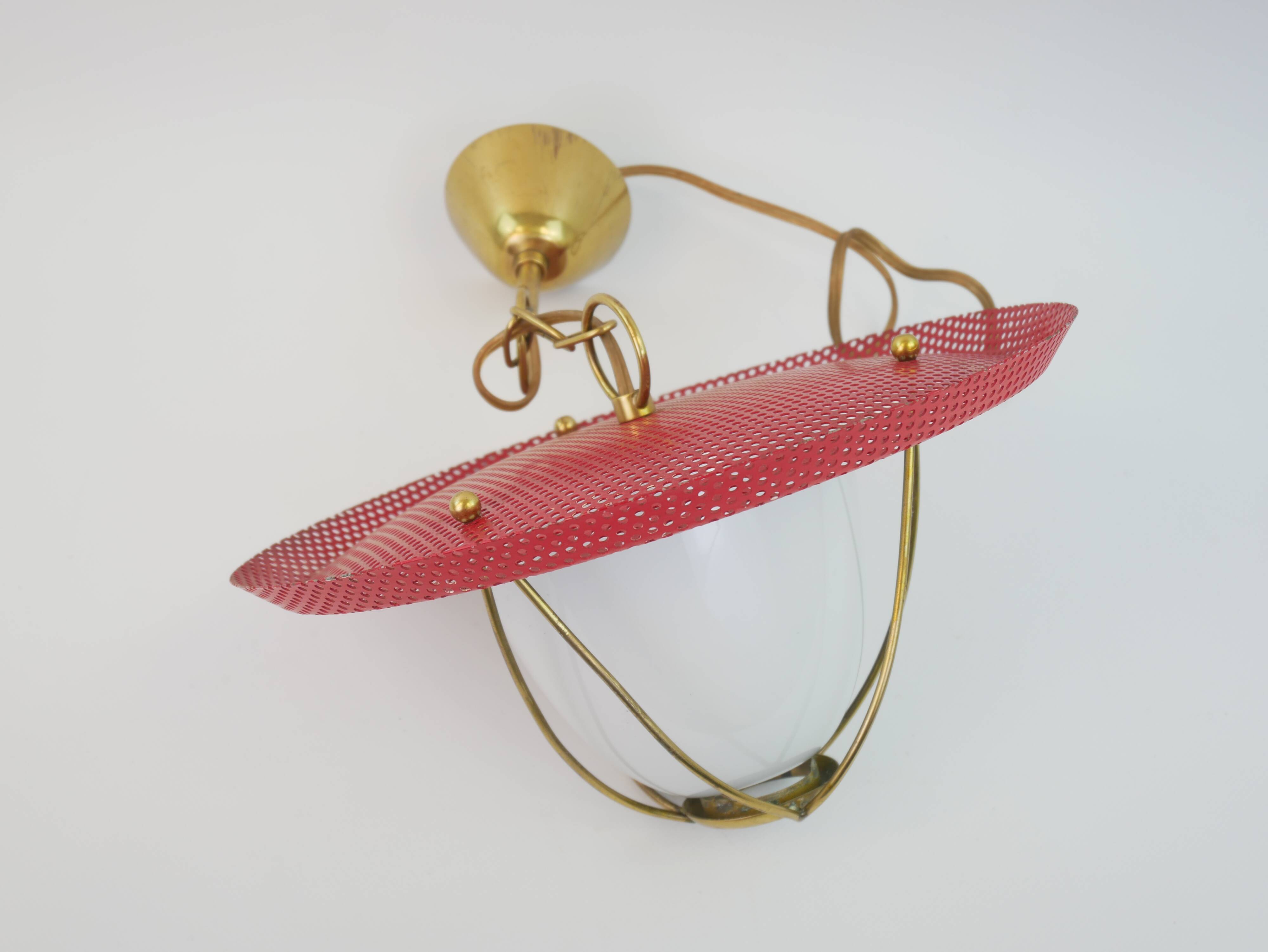 Suspension in perforated red lacquered metal, brass and opaline in the style of Mathieu Matégot