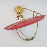 Suspension in perforated red lacquered metal, brass and opaline in the style of Mathieu Matégot