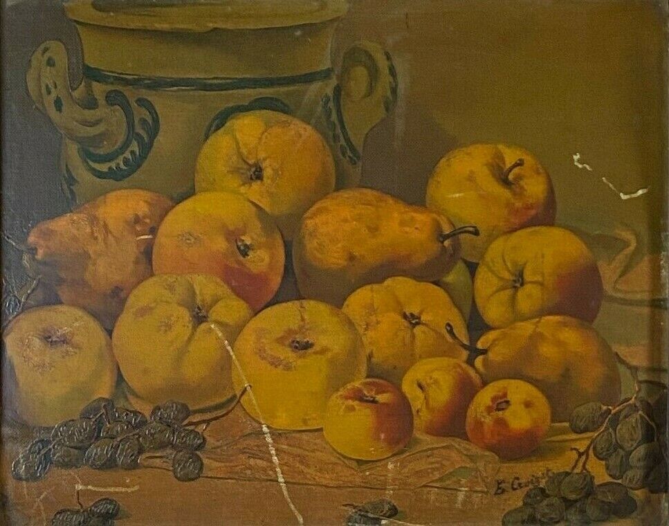 Oil on panel e croizet still life with apples grapes late nineteenth century