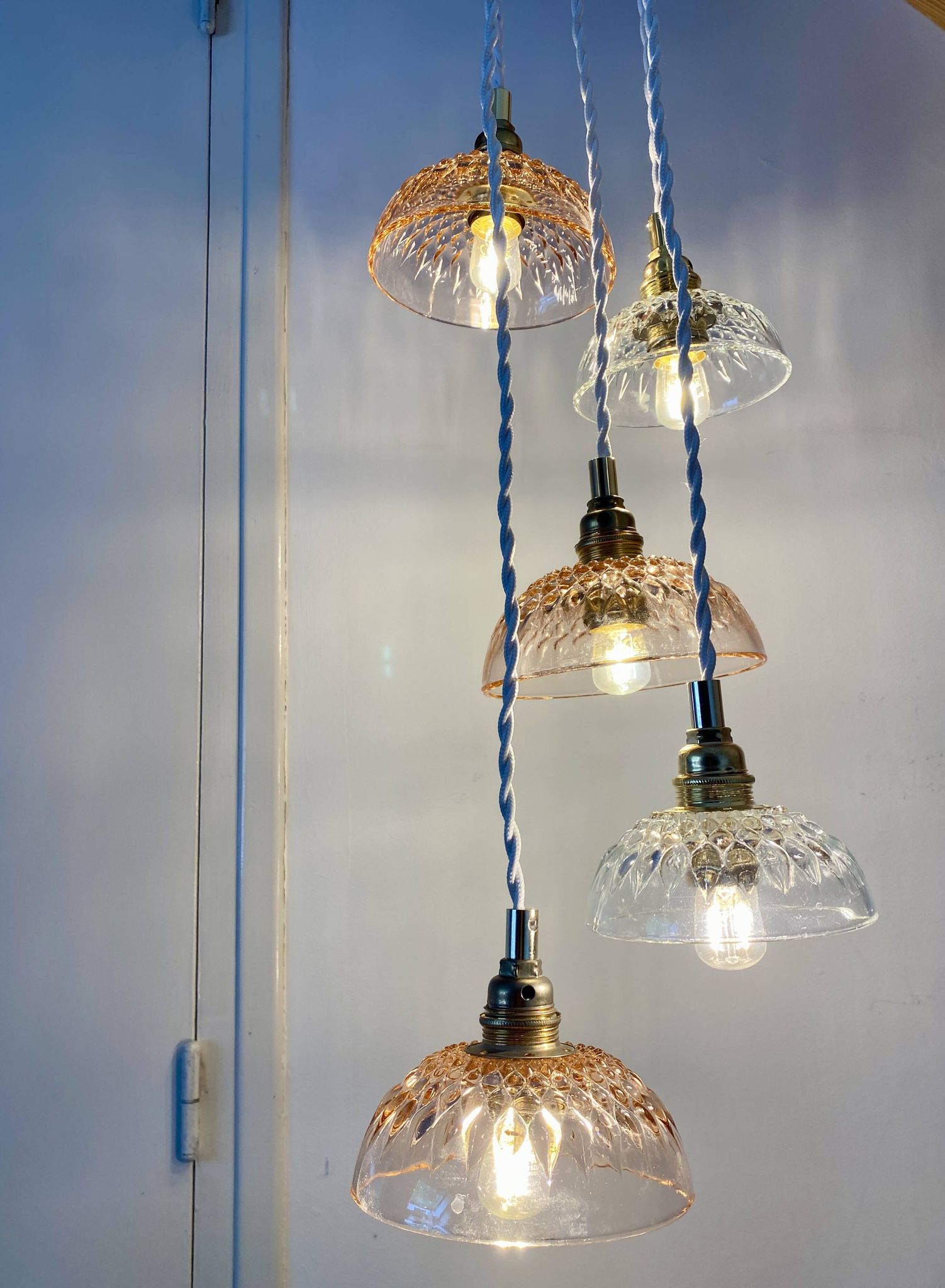 5-light waterfall pendant light with vintage pink and transparent glass shades