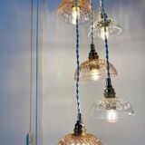 5-light waterfall pendant light with vintage pink and transparent glass shades