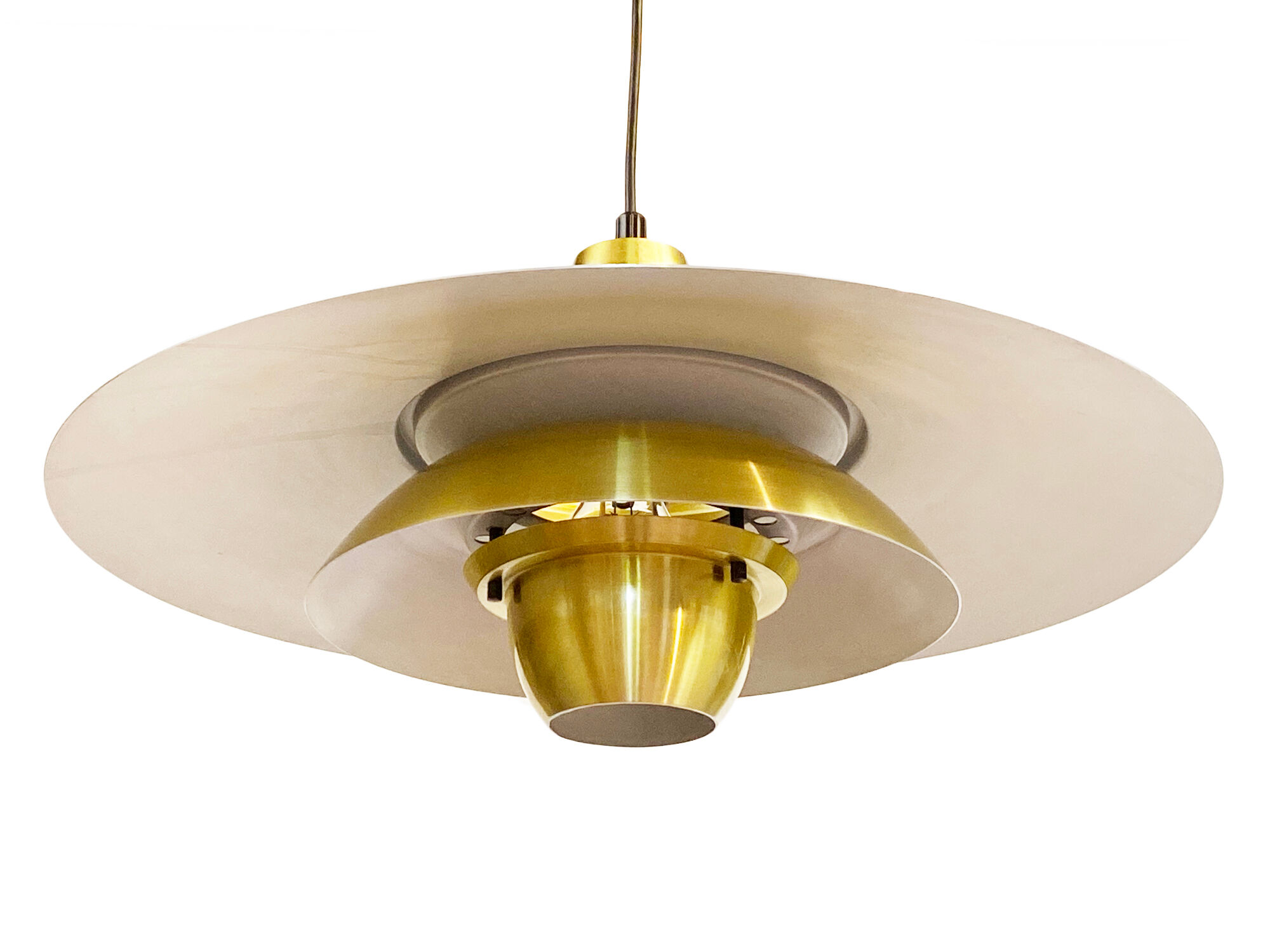 Large brushed aluminum pendant light with golden finish. Produced by Jeka. Denmark 1970s