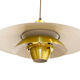 Large brushed aluminum pendant light with golden finish. Produced by Jeka. Denmark 1970s