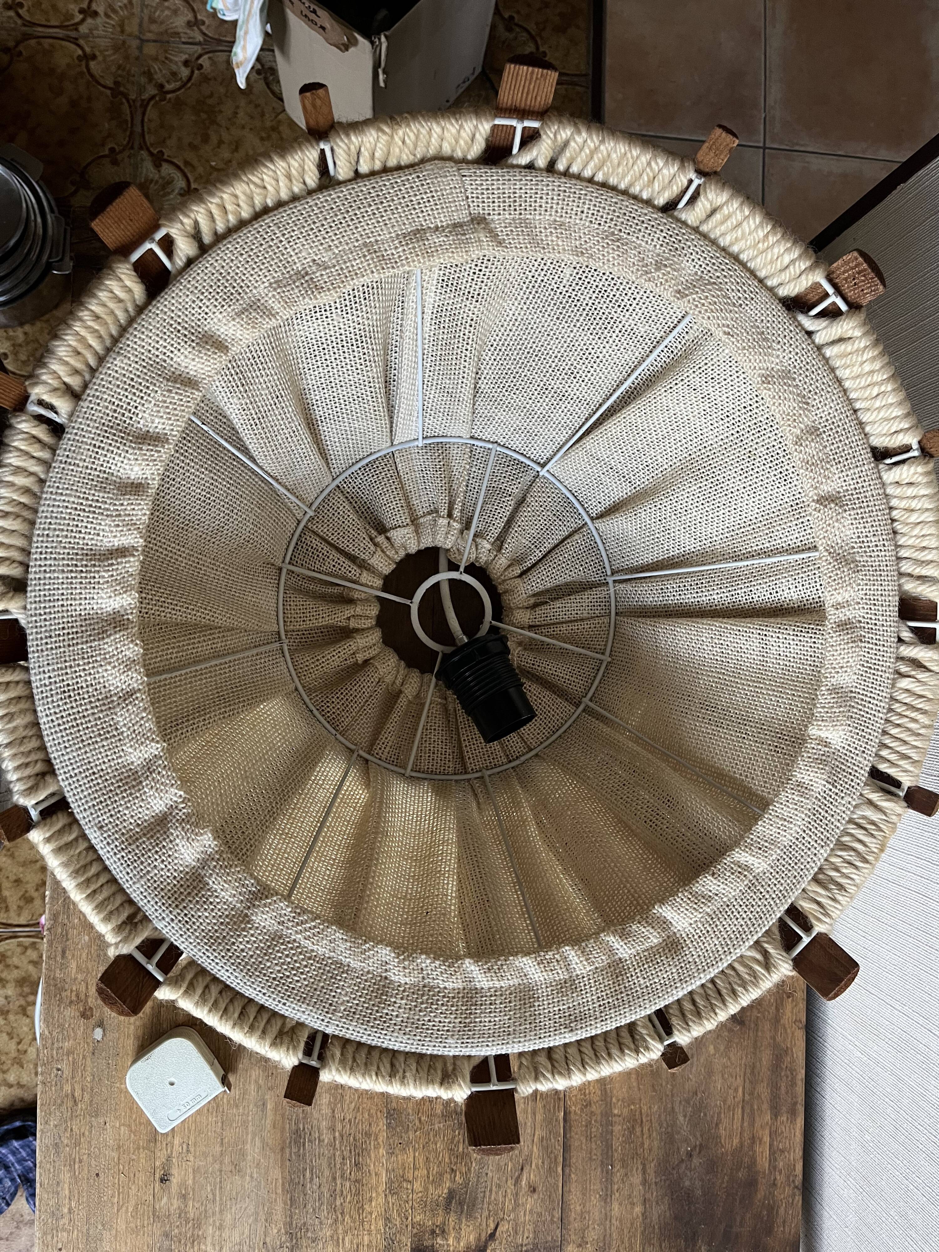 Large Scandinavian pendant light, natural wood, jute, wool, 70s