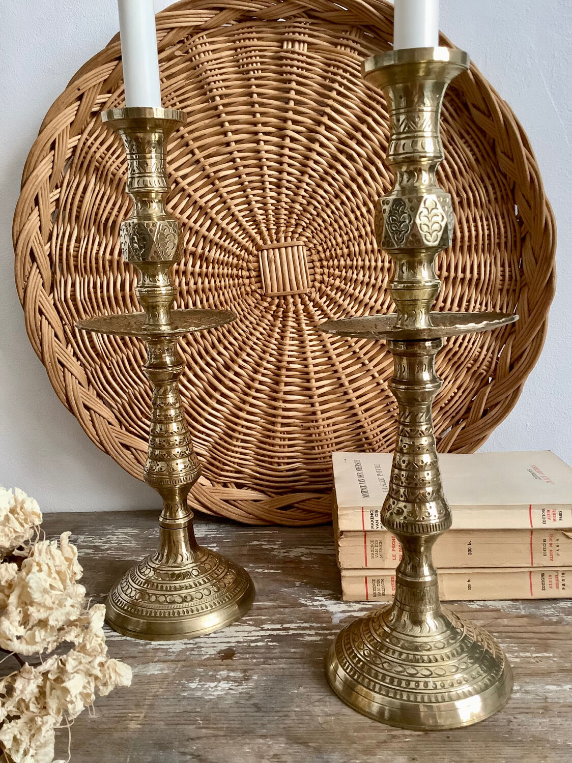 Pair of engraved brass candle holders