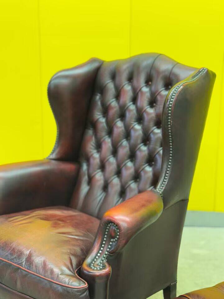 Burgundy leather chesterfield wing chair with Ottoman