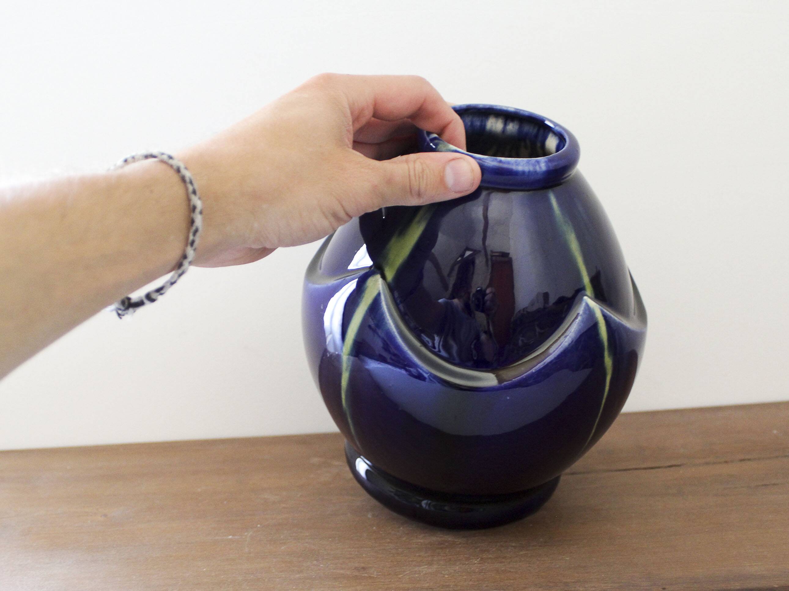 Art Deco vase in midnight blue glazed ceramic