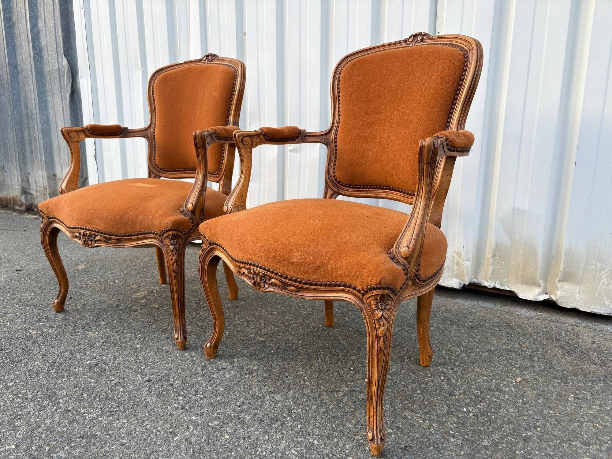 Pair of Louis XV style armchairs in ochre velvet