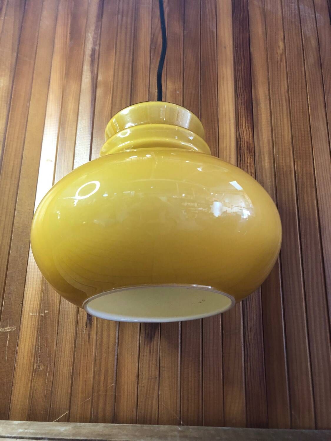 Old Yellow Opaline Pendant Light White Interior 1970s Vintage #A380
