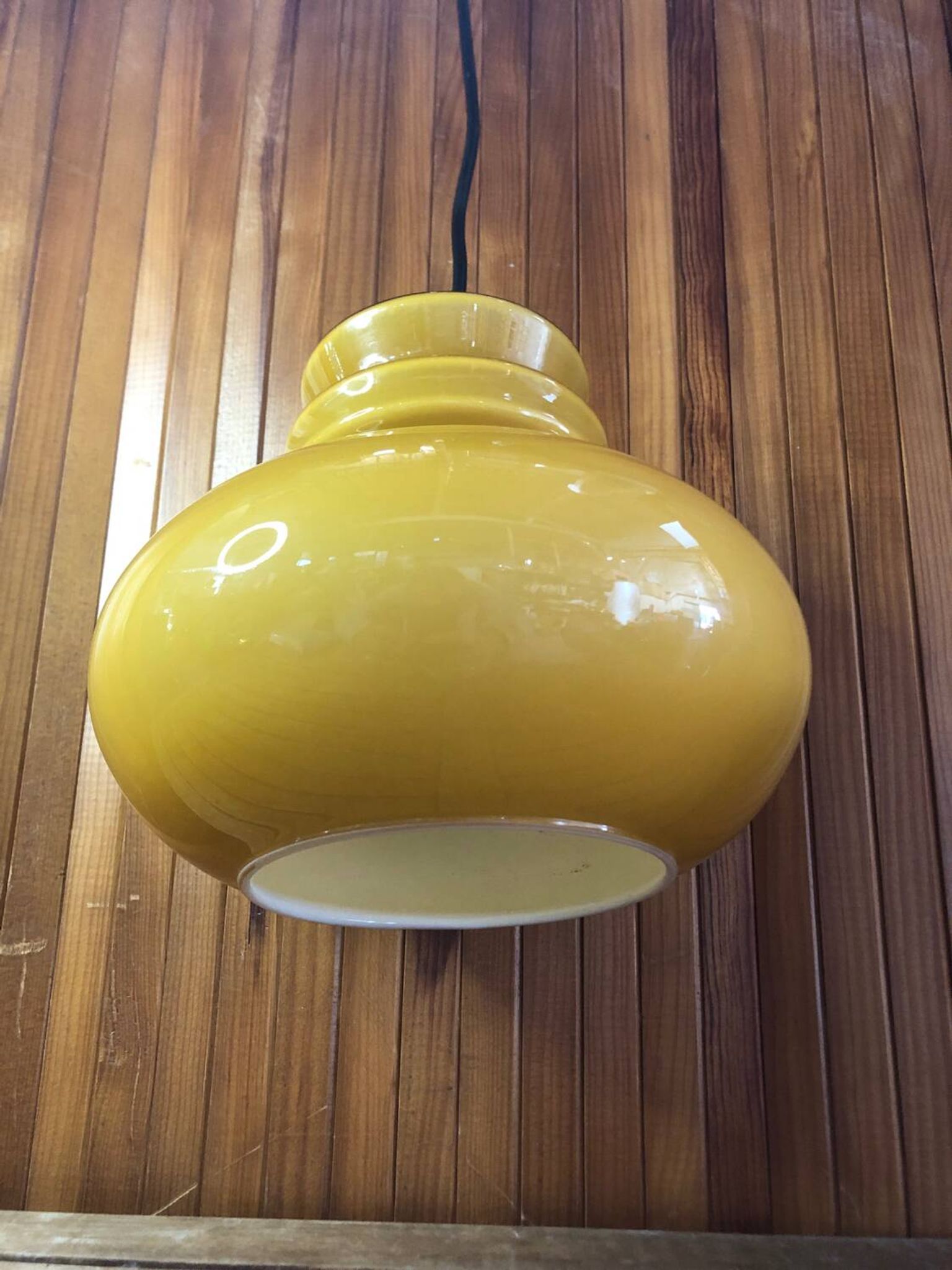 Old Yellow Opaline Pendant Light White Interior 1970s Vintage #A380