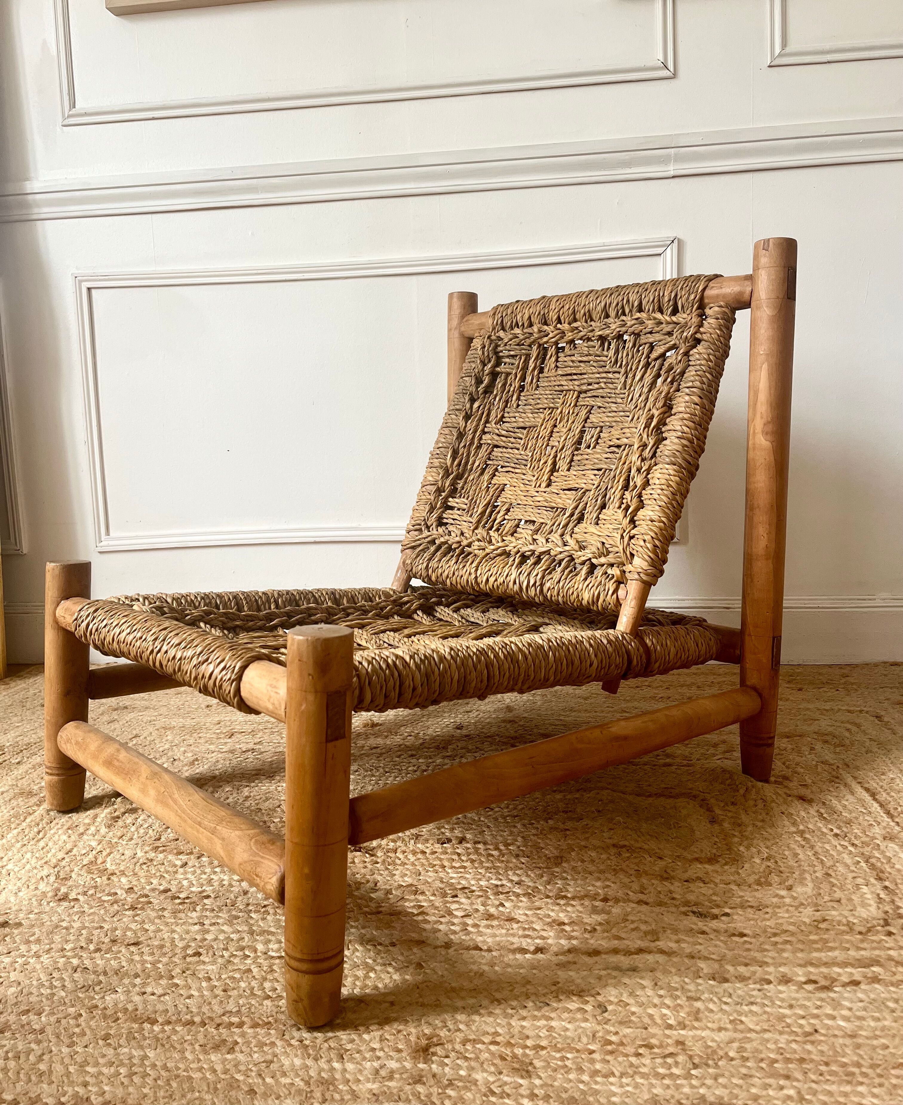 Wood and rope armchair by Audoux and Minnet from the 1950s.
