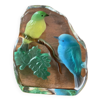 Crystal paperweight with sparrow decor