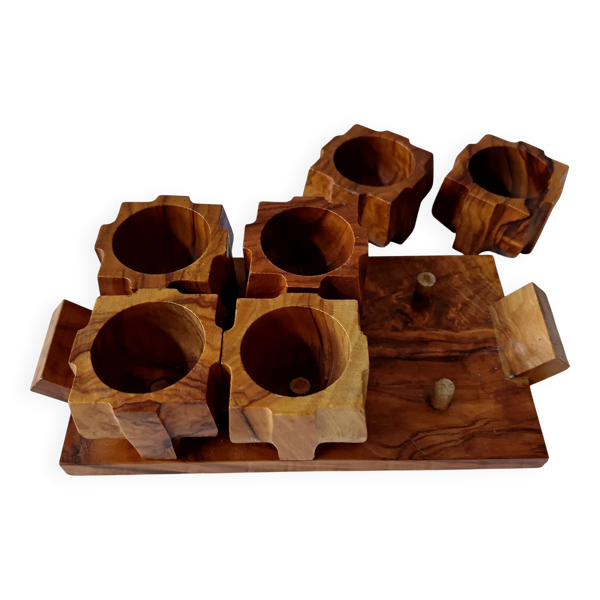 6 coquetiers vintage sur plateau en bois d'olivier France