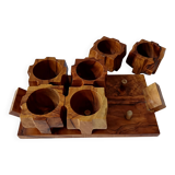 6 vintage egg cups on olive wood tray France