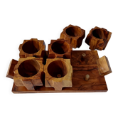 6 coquetiers vintage sur plateau en bois d'olivier France