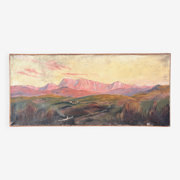 Peinture ancienne huile sur toile paysage montagnes début 20eme