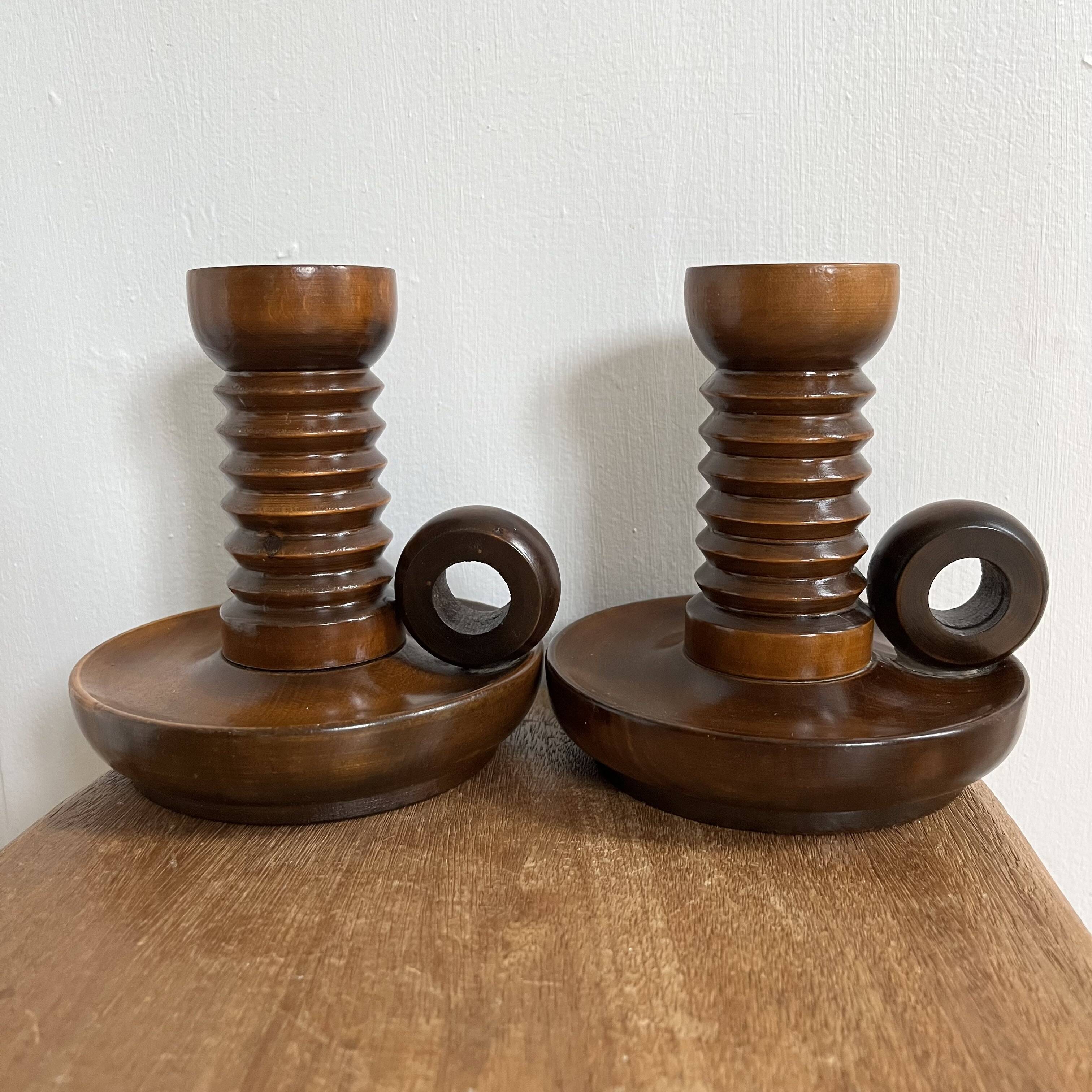 Pair of turned wooden candlesticks from the 70s