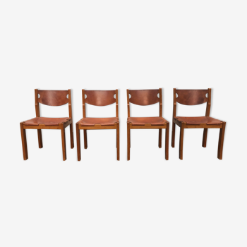 4 chairs in elm and leather, 1970