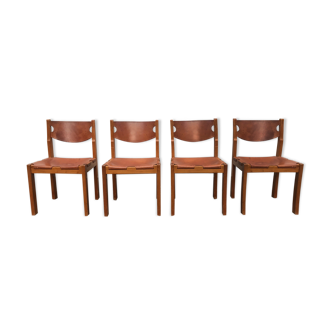 4 chairs in elm and leather, 1970