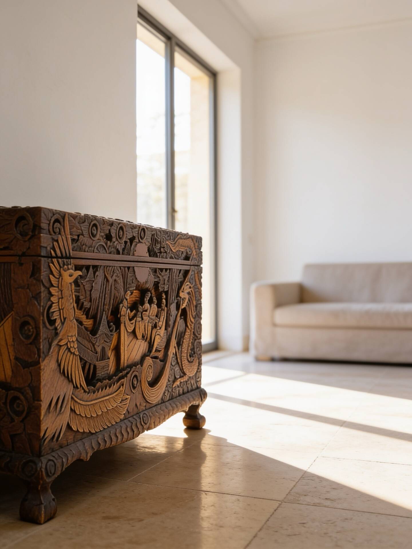 Antique Chinese Carved Export Chest – Dragon, Phoenix & Landscape Deco