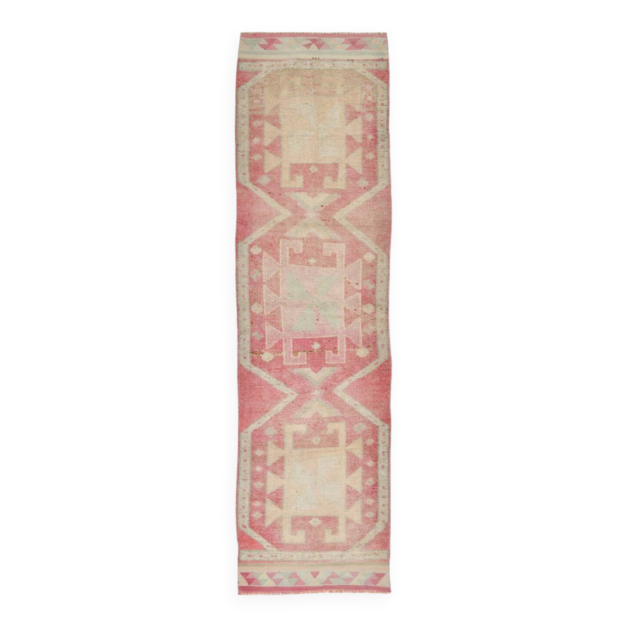 Tapis couloir vintage rose et vert pastel, charme bohème anatolien