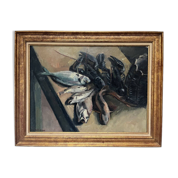Still life with lobsters and fish, oil on canvas signed