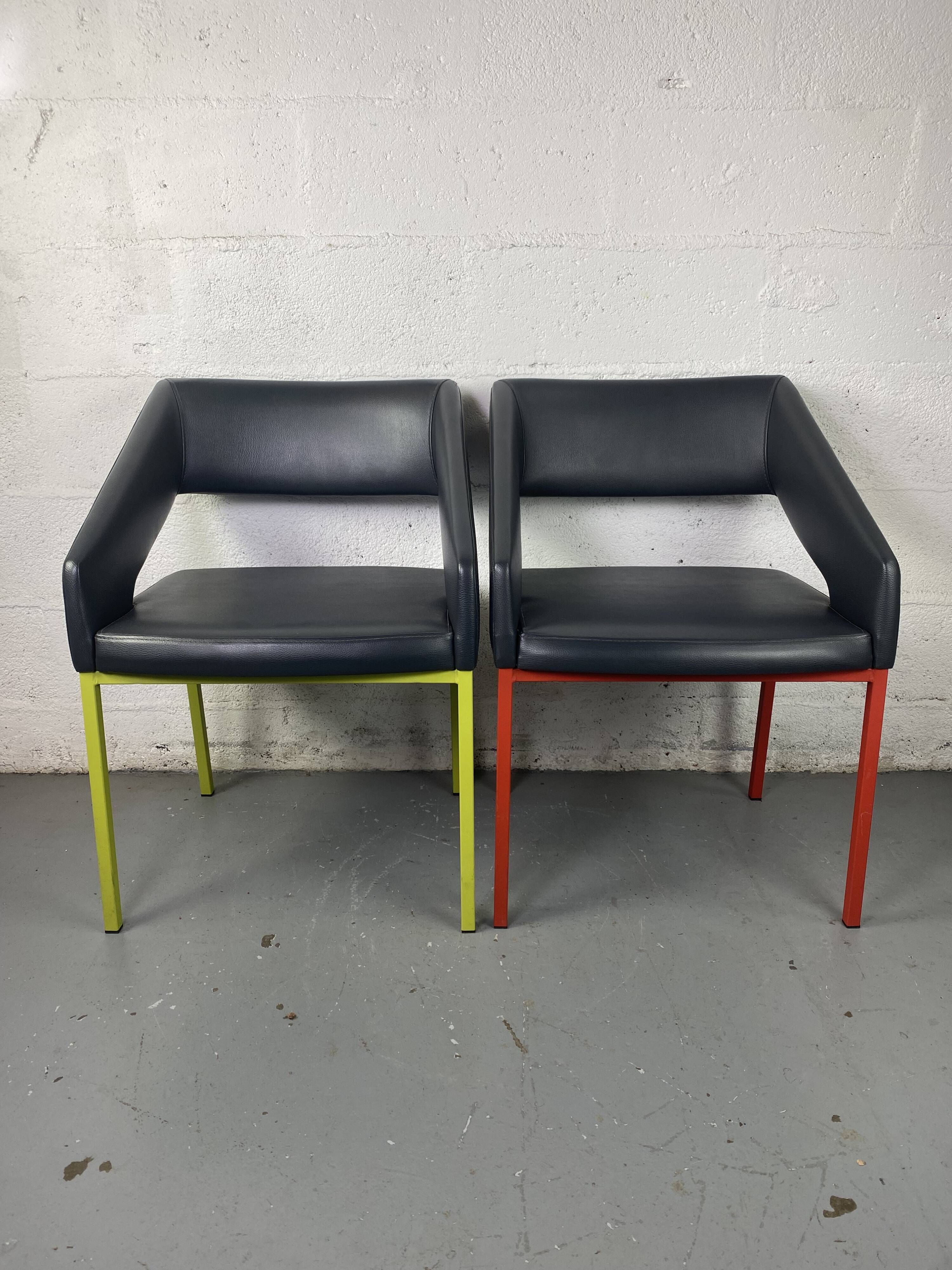 Pair of metal and leather armchairs / Green & Red