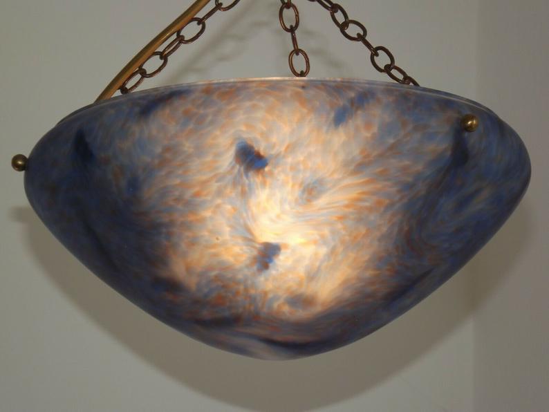 French Vintage Single Light Blue Art Glass Ceiling Light 3 Chains & Fitting