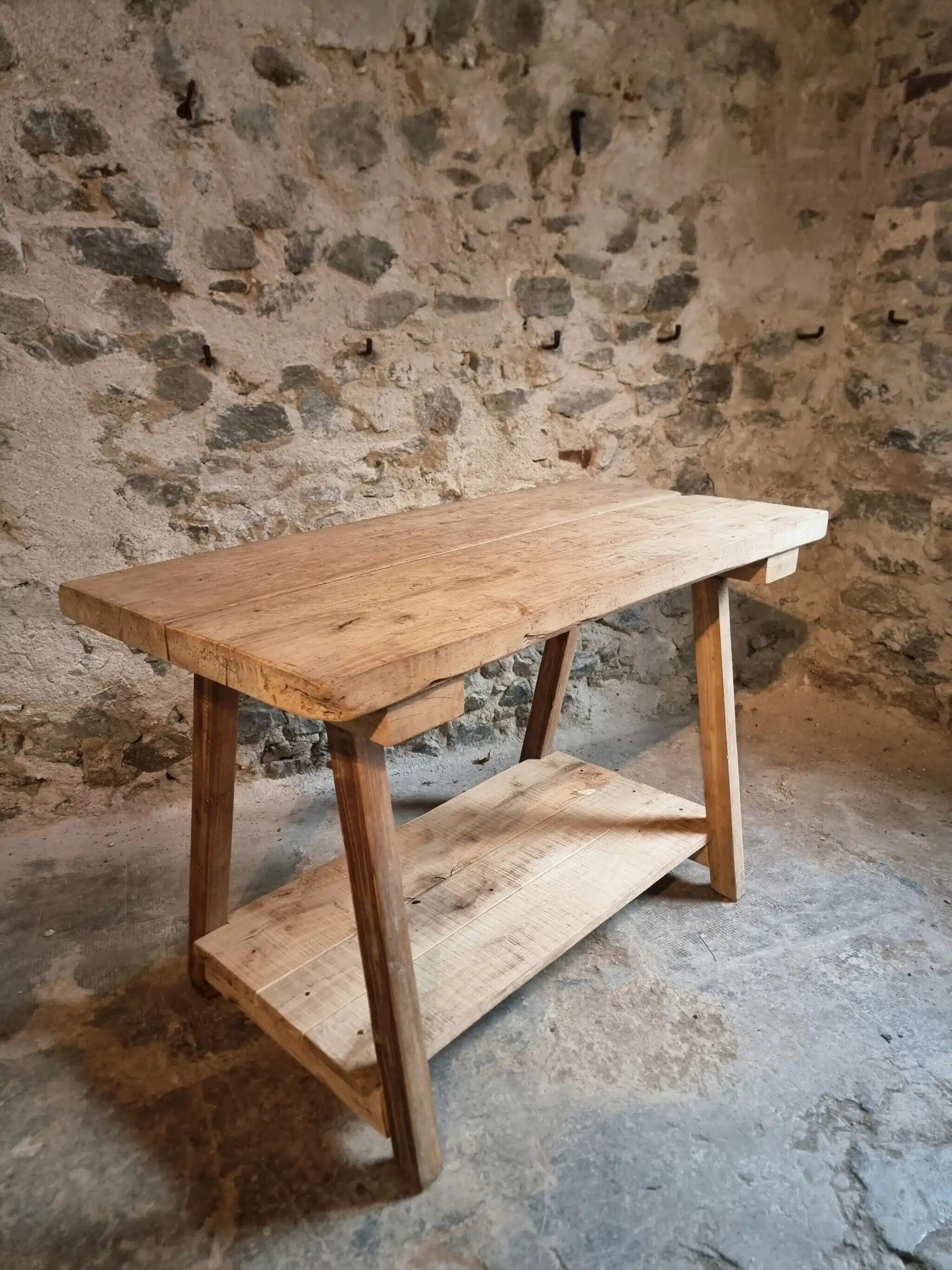 Old French work table / kitchen island / console, beech and chestnut, circa 1930–1950