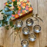 Vintage ice cream service, stainless steel cups and spoons