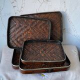 Set of 5 vintage wooden and rattan trays