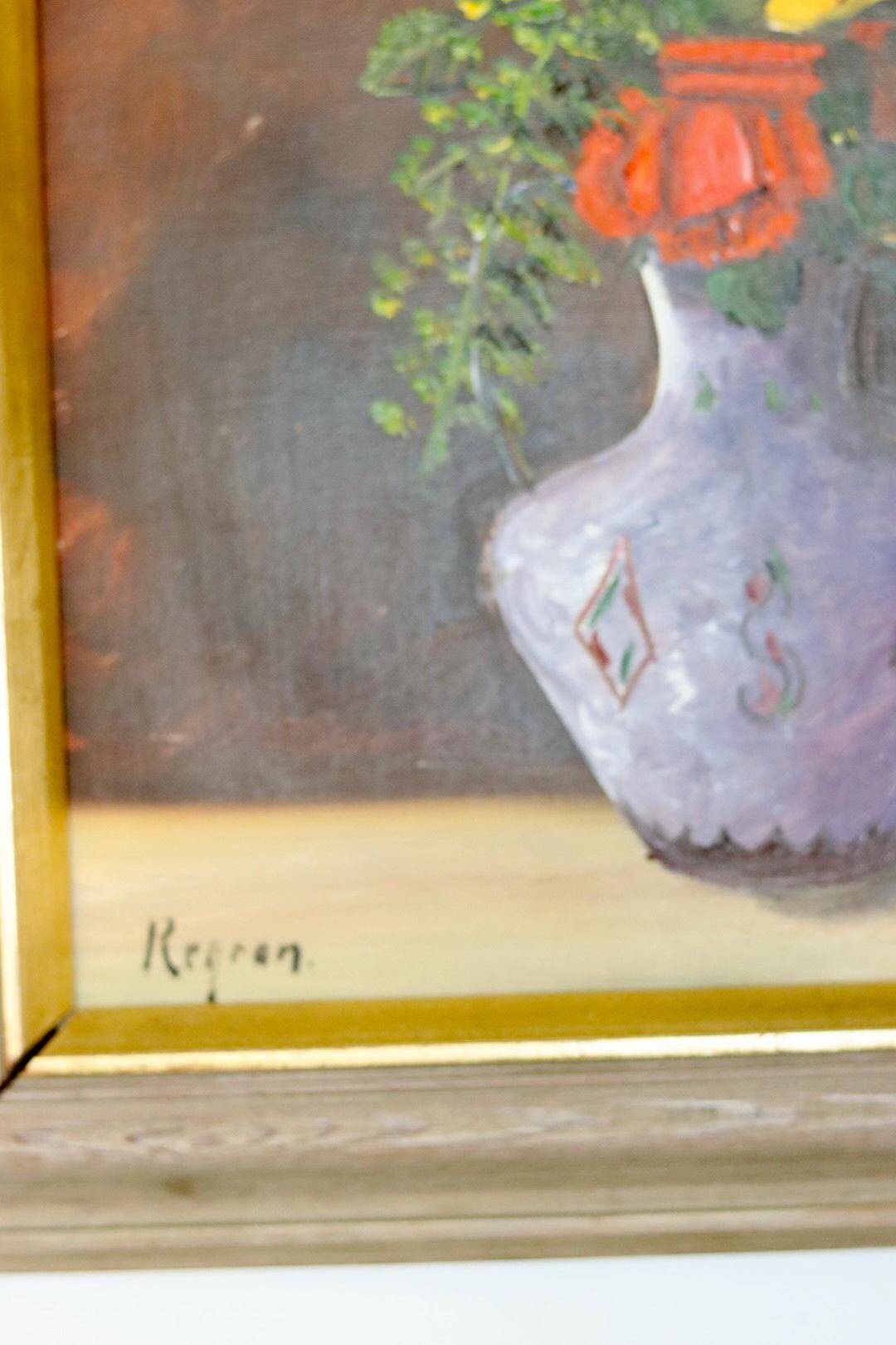 Original Swedish oil on panel "Flowers" by Regran - Vintage & Framed