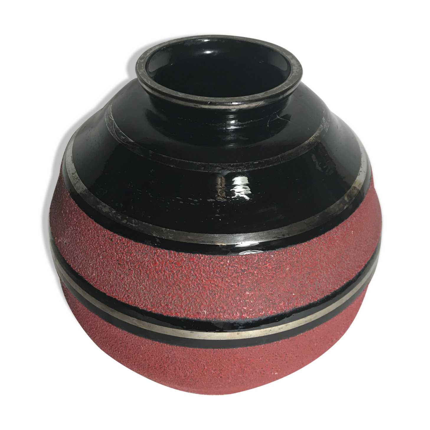 Ball old ART DECO enameled ceramic vase black & red Vintage