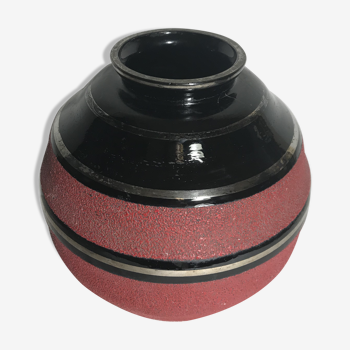 Vase boule ancien art deco céramique émaillée noir & rouge vintage