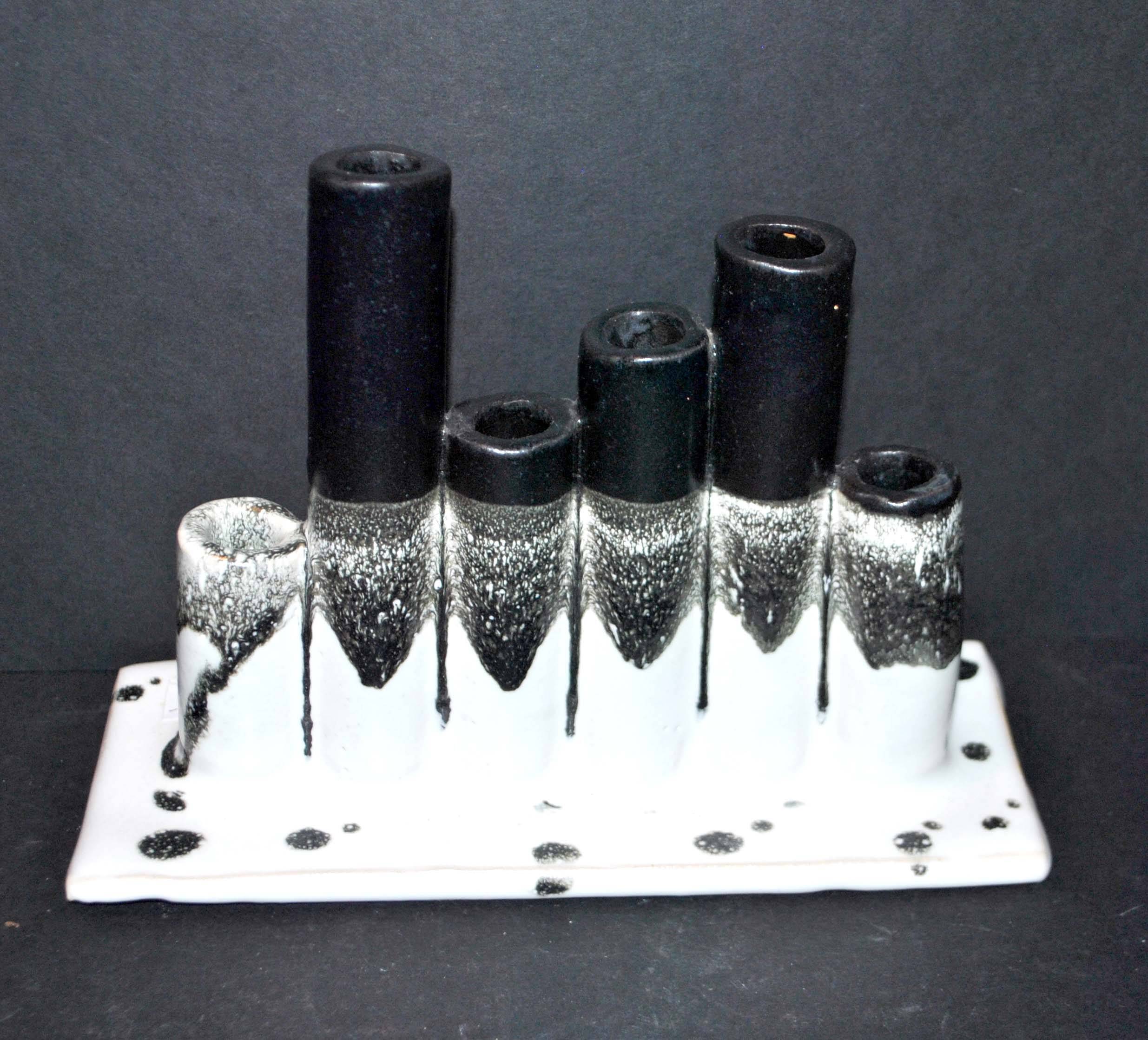 Vintage black and white ceramic soliflore vase - brush holder