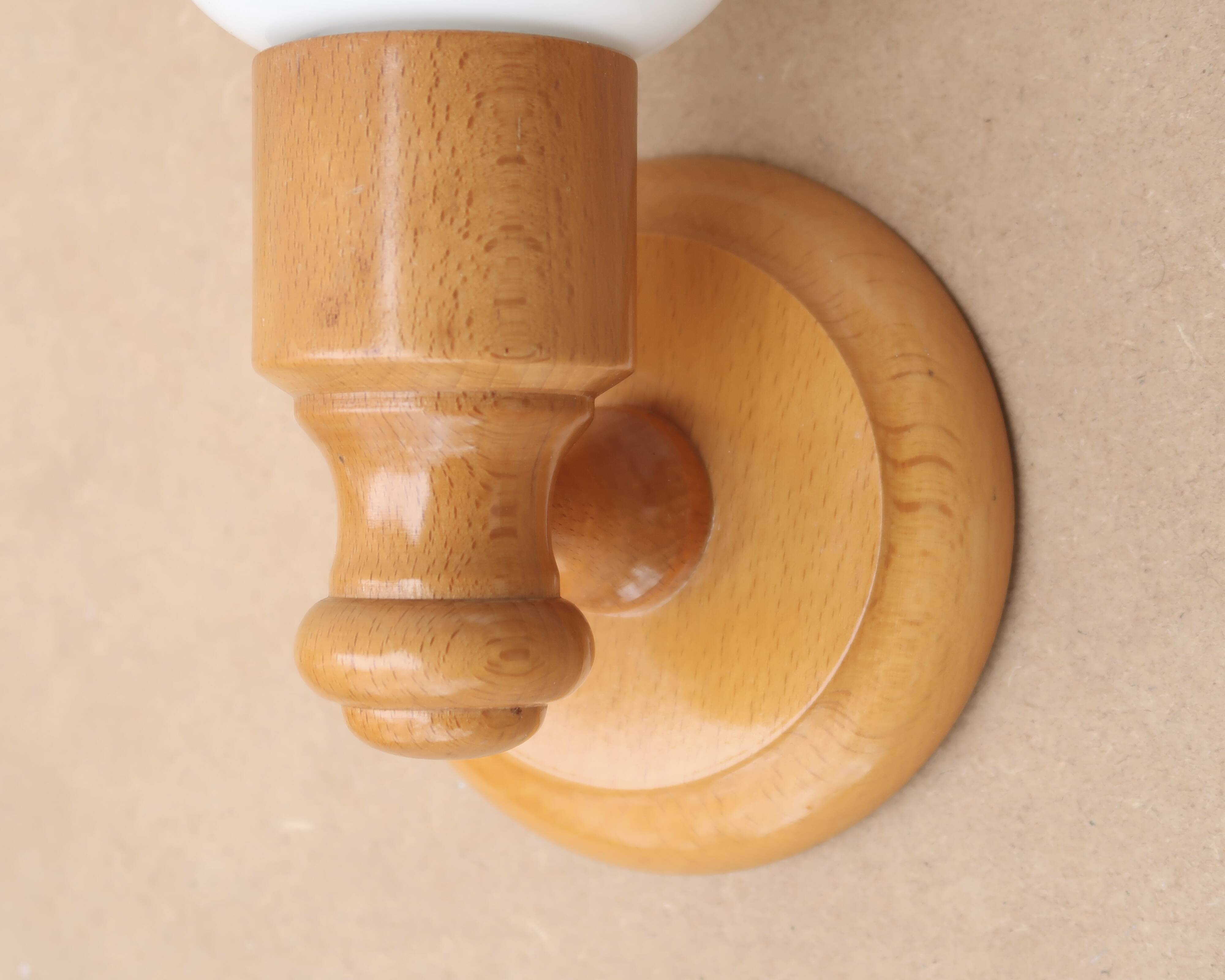 Pair of pine wood and white glass wall lights, 1970s
