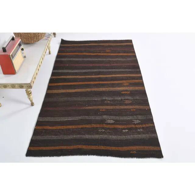Vintage Turkish Hand-Knotted Wool Cotton Brown Kilim Runner 101x190