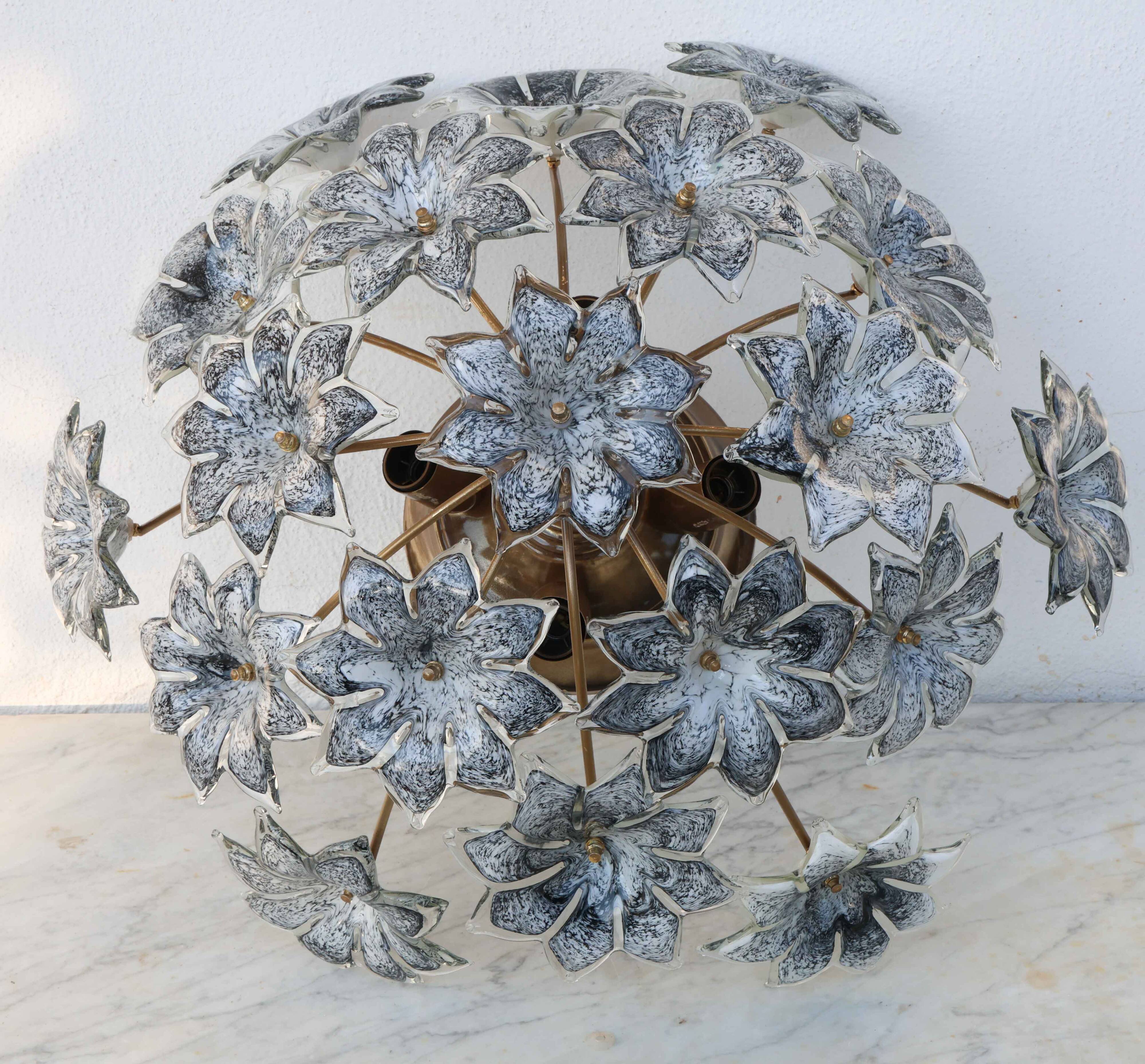 Large Murano Vintage Ceiling Light Black Flowers, 1970s