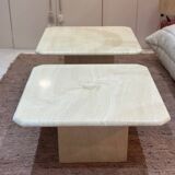 Pair of square nesting coffee tables in white beige travertine marble