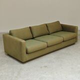 Pierre Frey modernist bench in green and gold patterned fabric