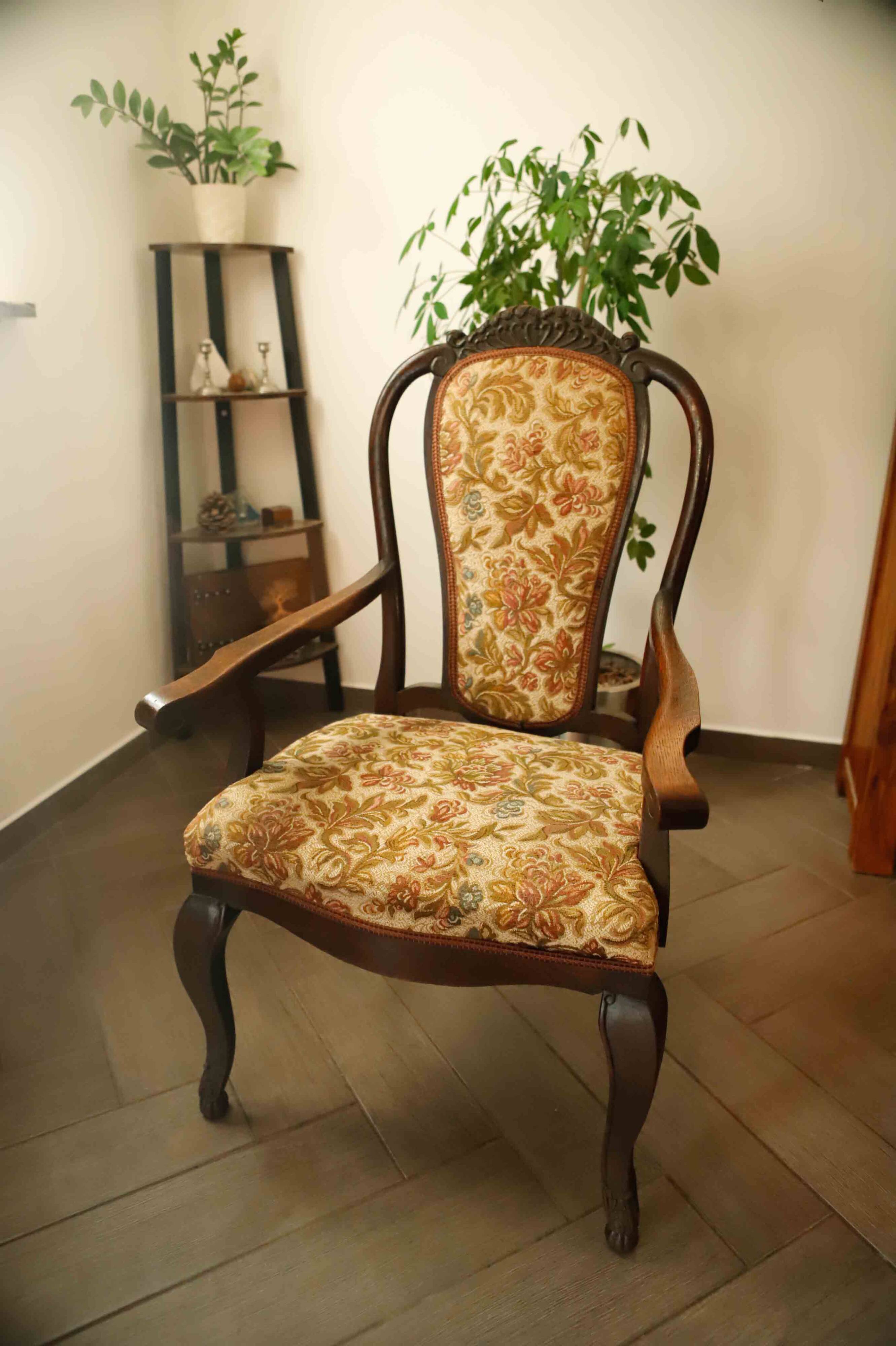 Antique Queen Anne Revival Carver Armchair with Floral Tapestry Upholstery