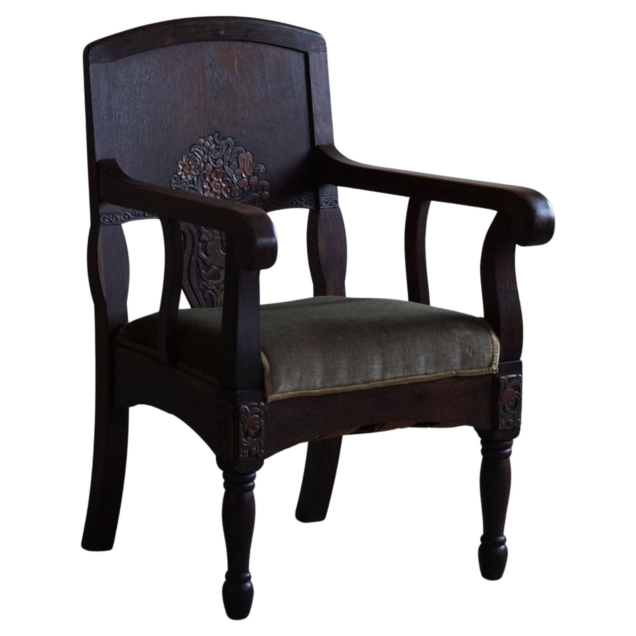 Hand-carved oak and velvet armchair, Danish furniture maker, Art Nouveau, 1939