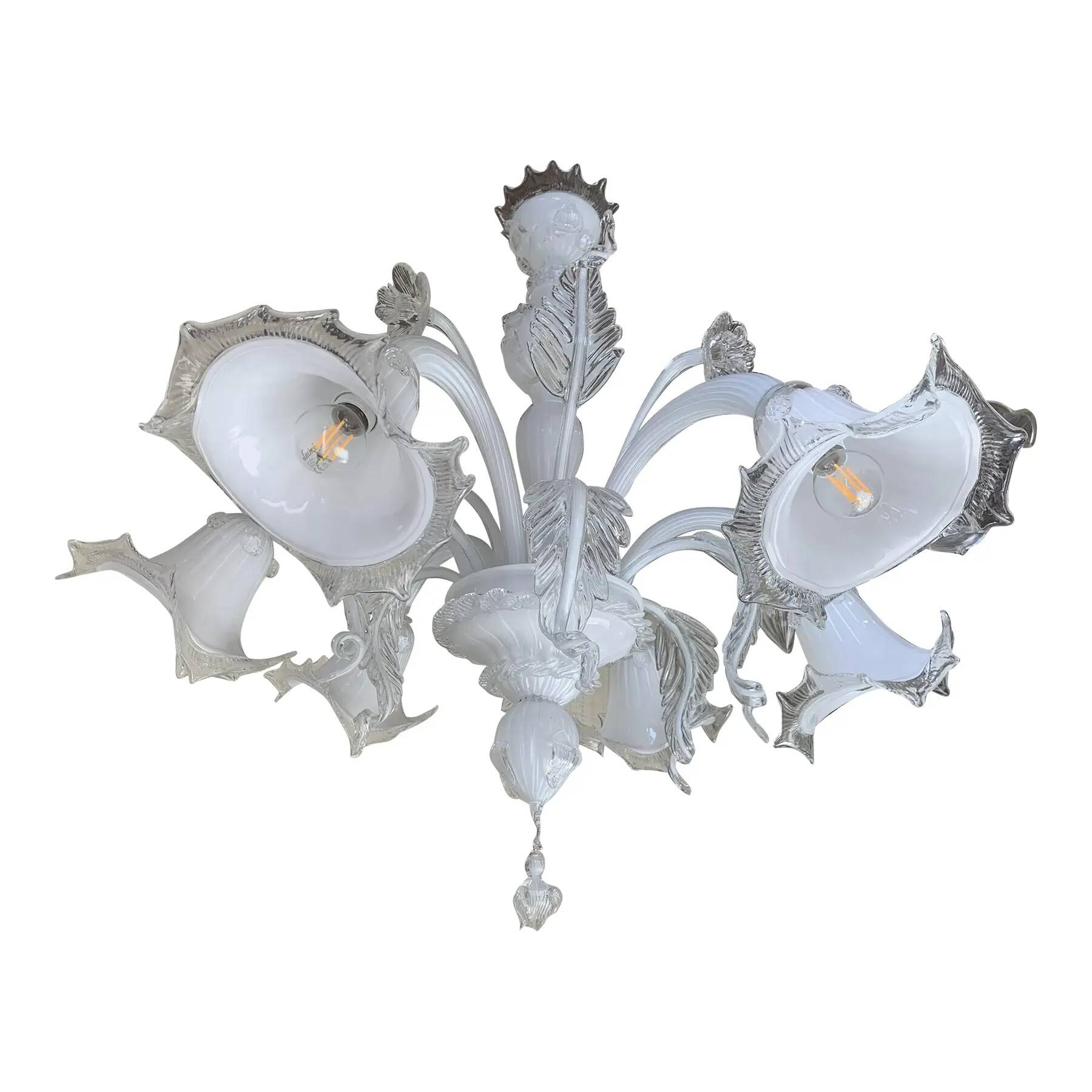 Transparent and milky-white Murano-style Venetian glass chandelier with flo