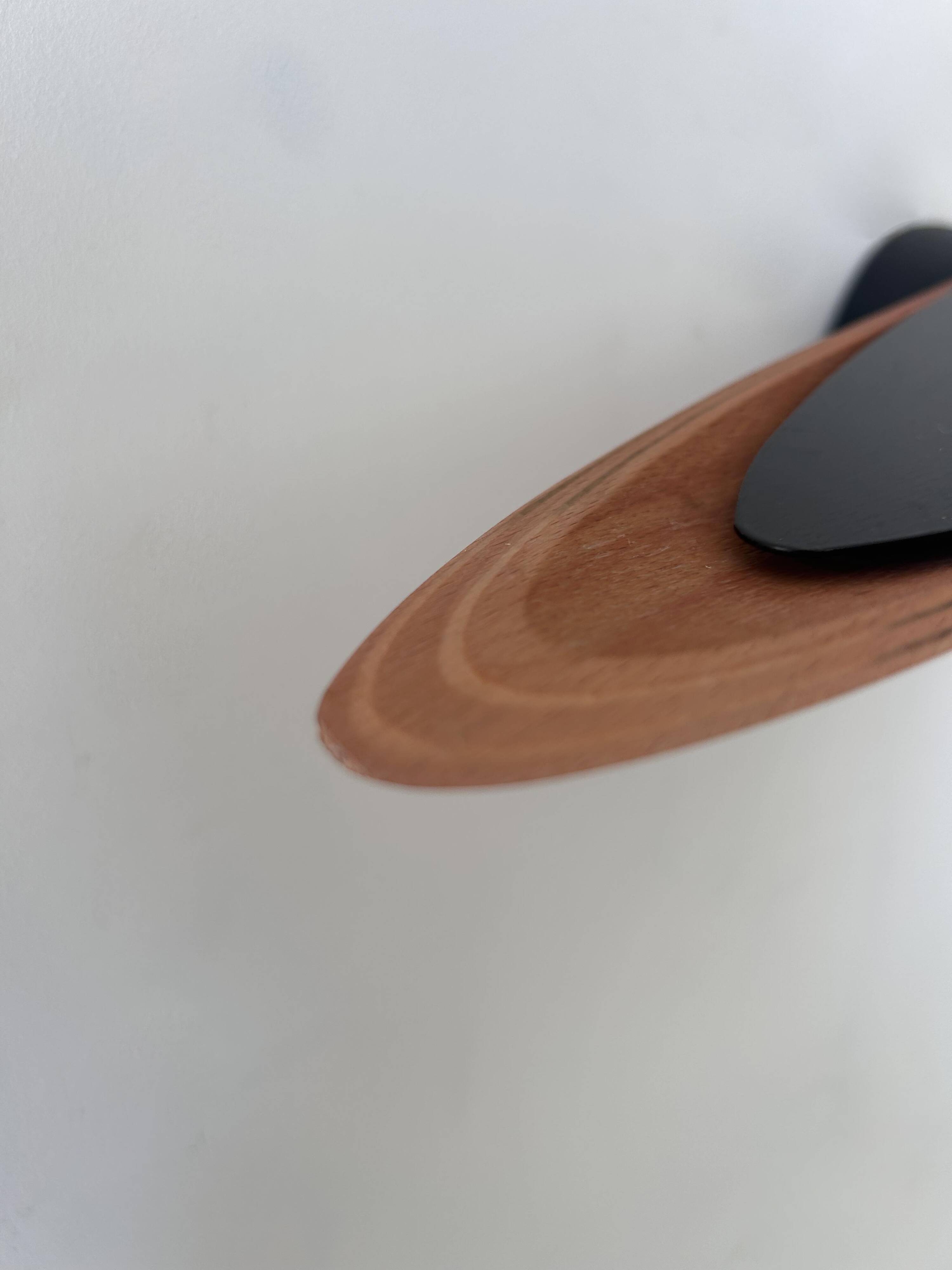 Vintage modernist wall lamp, black lacquered metal and wood, France 1980s