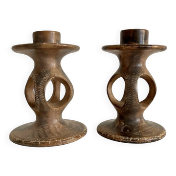 Pair of soapstone candlesticks, Kenya