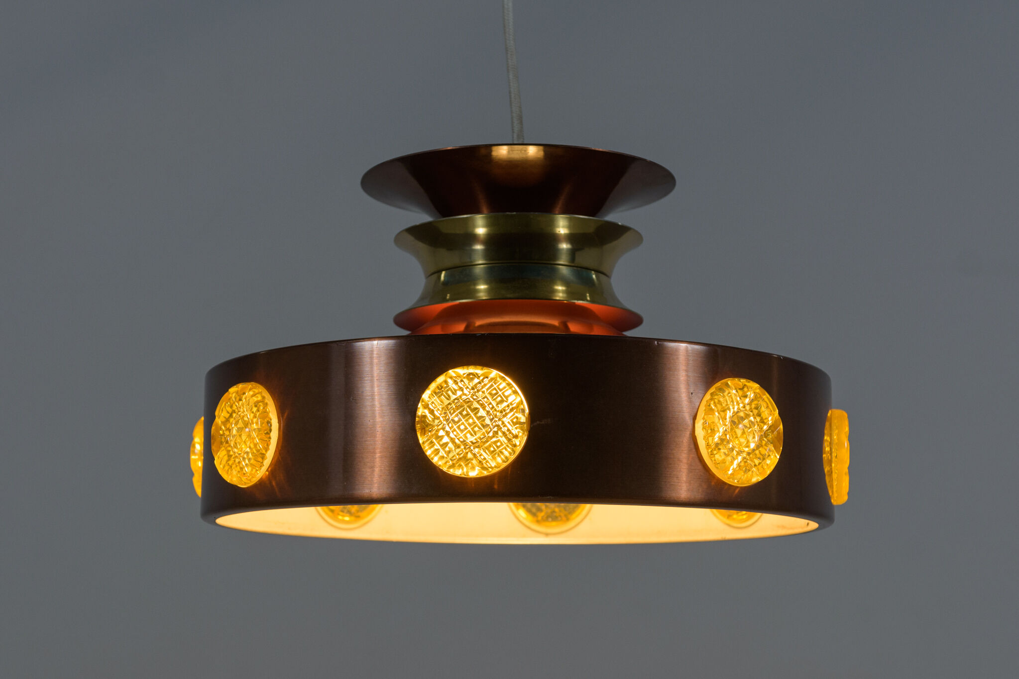 Scandinavian ceiling lamp copper & glass, Denmark, 1960s
