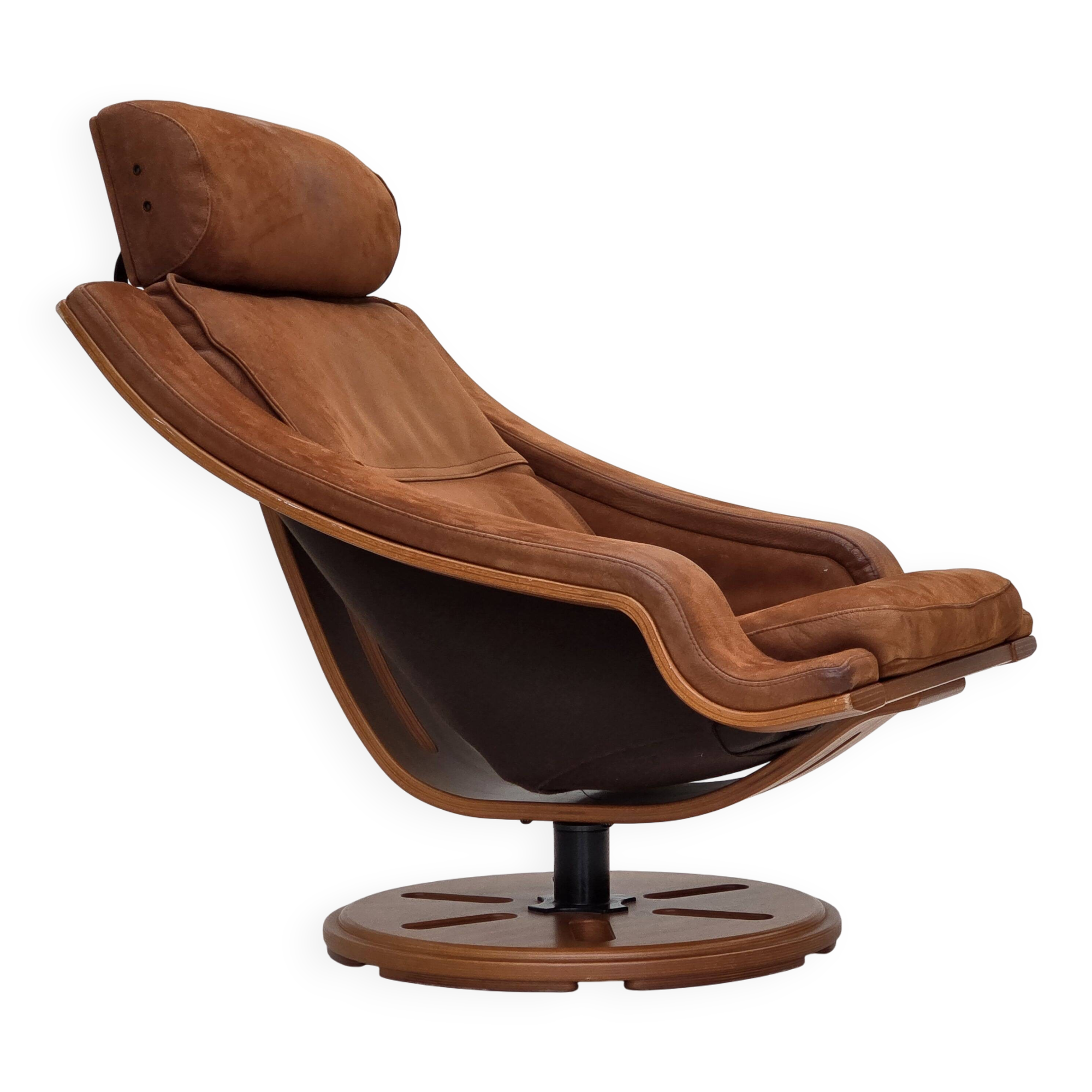1980s, Swedish swivel armchair, nubuck leather, canvas, bent beech wood.