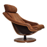 Fauteuil pivotant suédois des années 1980, en cuir nubuck, toile, bois de hêtre cintré.